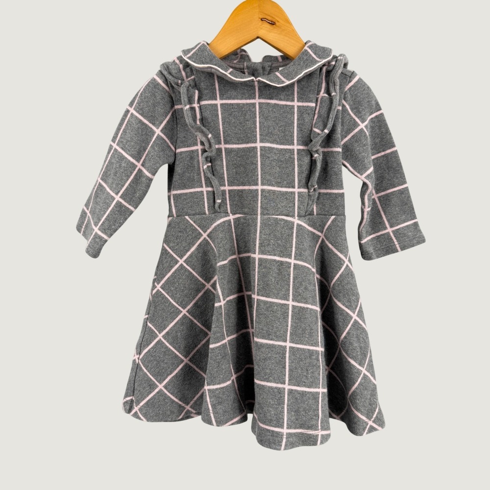 Janie + Jack Gray Pink Windowpane Knit Dress‎ Ruffle Peter Pan Collar Size 2T